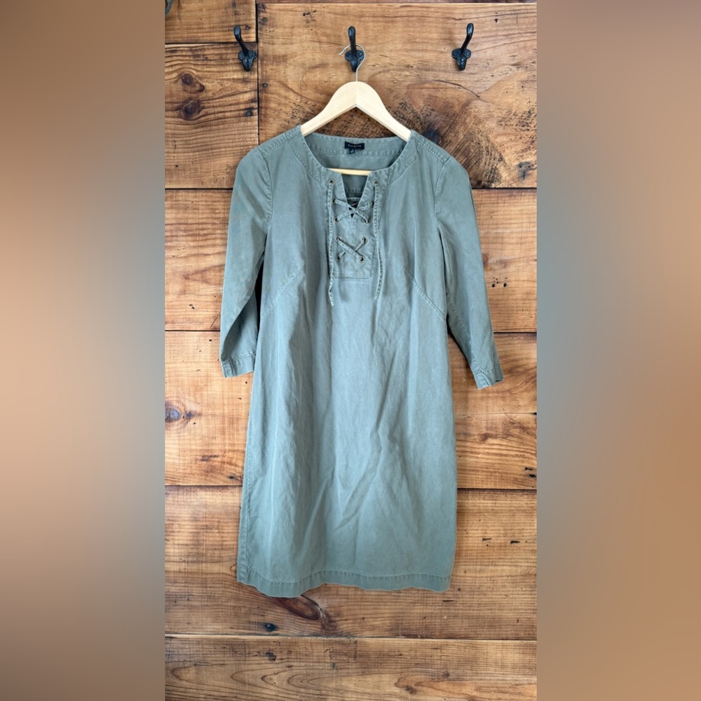 Talbot’s Tencel Olive Green 3/4 Sleeve Shift Dress w/ Lace-Up Detail - Size 4